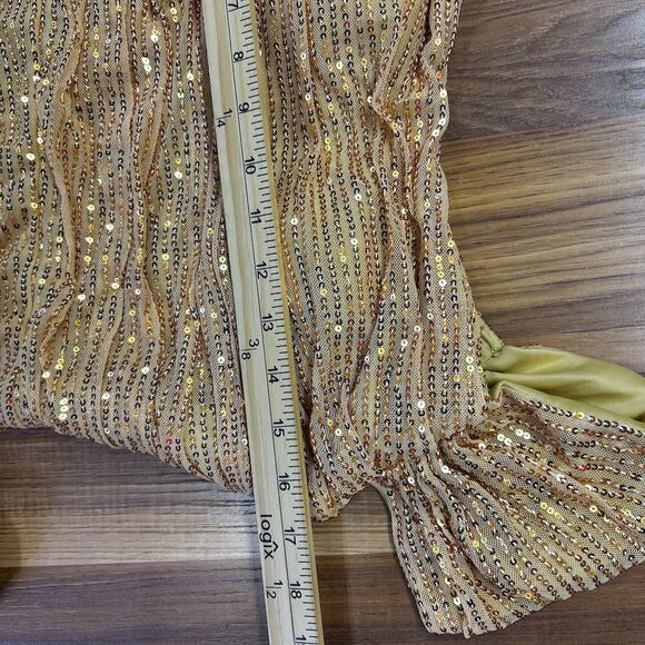 Gold Sequin Super Sexy Maxi Gown Ruched Draped Formal Coquette Dress Train S M - Picture 11 of 11